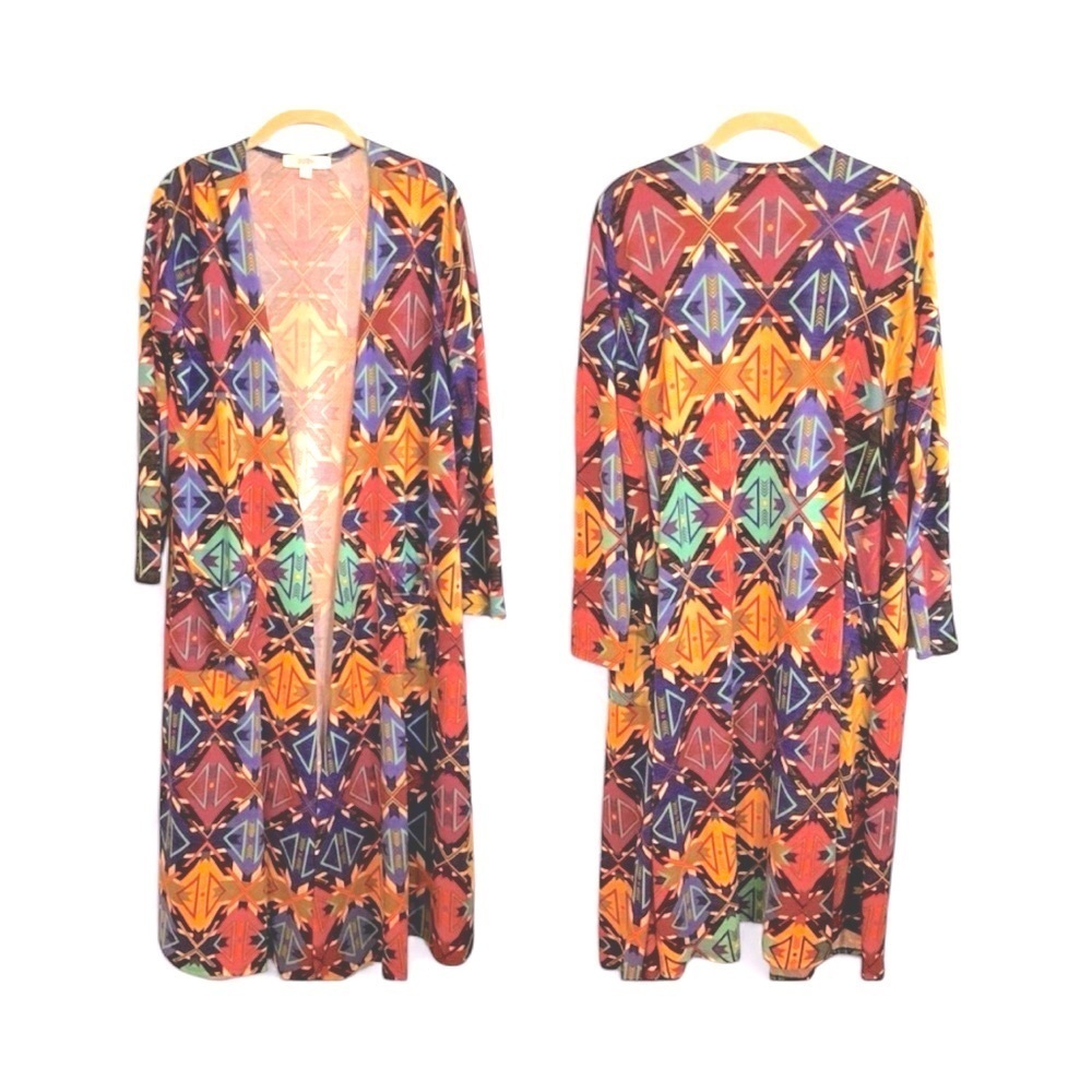 Lularoe Maxi Duster Size XL Tribal Print Blue Multicolor Open Front Long Sleeve